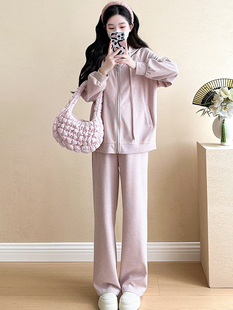 孕妇秋冬装套装慵懒风2025新款粉色针织连帽卫衣裤子小个子两件套