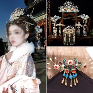 唐风明制粉色烧蓝配饰粉彩簪钗冠古风大套装发饰小神仙汉服仙头饰