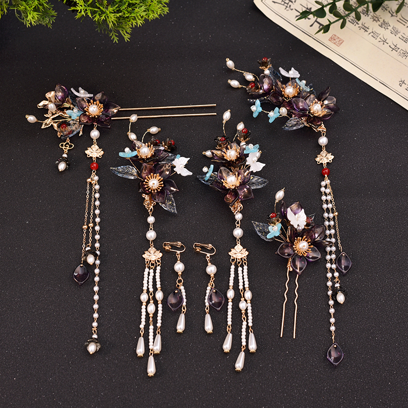 thumbnail for Hanfu headdress, women's accessories, dark style, ancient costume, hair ornament, ancient style, hairpin, step, shake tassel, hairpin, fairy suit women