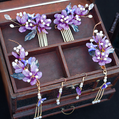 紫色花朵夹子衩梳套装古典配饰