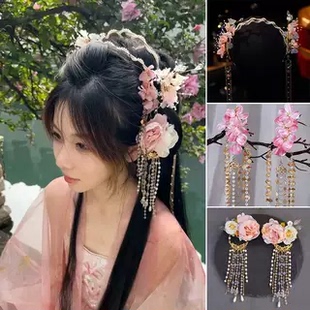 清冷桃花绢花发饰新款百搭汉服头饰套装超仙少女古风发冠流苏发饰