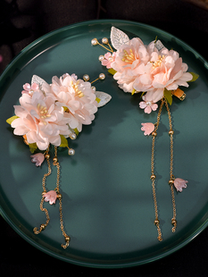 唐风头花儿童古风汉服头饰粉色绢花发饰套装古典花朵流苏发夹簪子