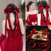 新娘花朵头饰红铃兰飘带发夹森系套装 婚纱造型结婚复古敬酒服发饰