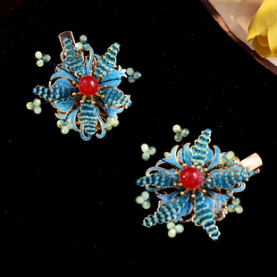 新中式烧蓝蓝色花朵发夹高端精致短发耳边夹女侧边儿童流海发卡