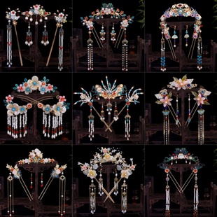 明制古风景泰蓝汉服头饰配饰烧蓝流苏头冠全套古装发饰蓝色发钗子