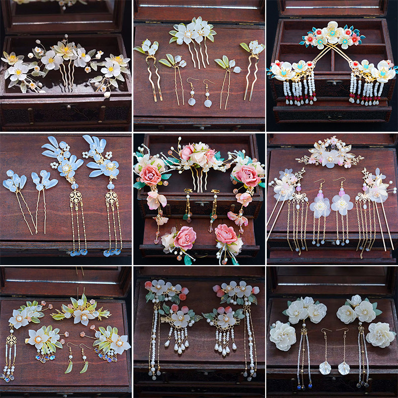 2022新款汉服头饰 绢花仙气拍照配饰宋制发饰全套月季琉璃套装