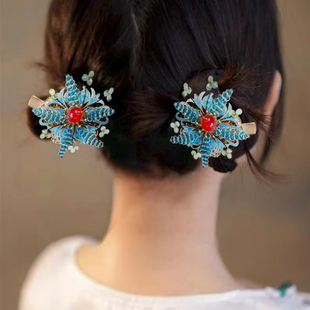 新中式烧蓝花朵发夹儿童流海发卡高端蓝色精致短发耳边夹女侧边夹