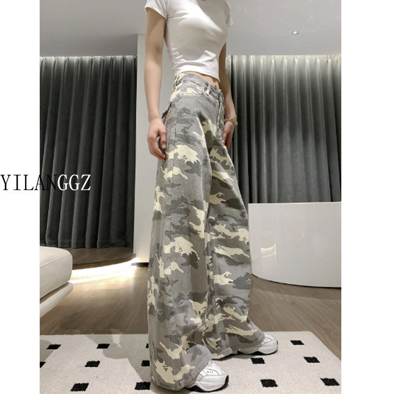 175高个子加长美式杏色迷彩工装牛仔裤女2025年春夏新款宽松阔腿