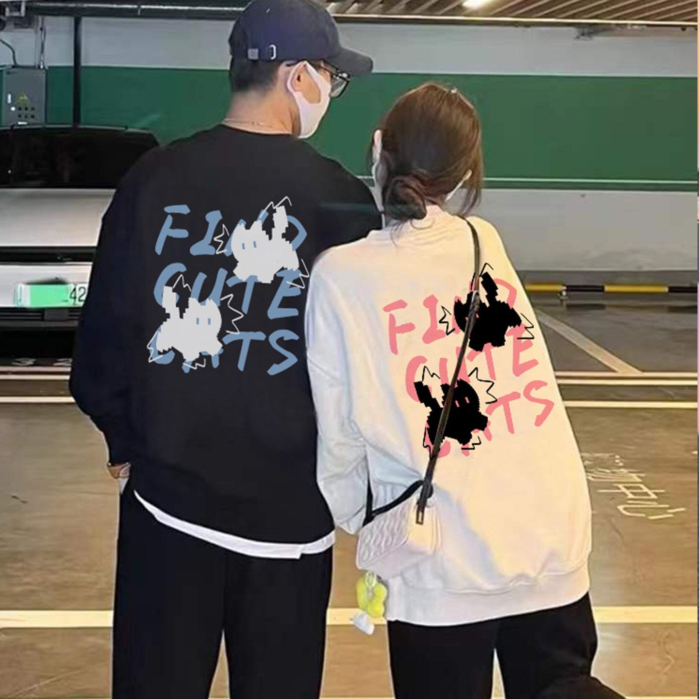春秋约会趣味撞色印花情侣卫衣女图片