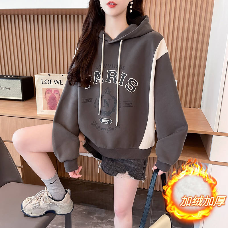 卫衣女2024新款学院风秋冬季撞色连帽运动加绒加厚外套宽松上衣女