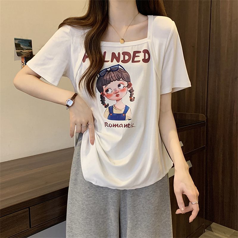 夏季方领短袖T恤女遮肚大码上衣图片