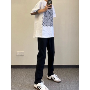 2025黑色柳叶弯刀牛仔裤子青少年微喇裤子男时尚vibe直筒修身裤子