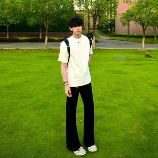 潮黑色柳叶弯刀牛仔裤子中腰耐磨微喇裤子潮时尚vibe直筒修身裤子