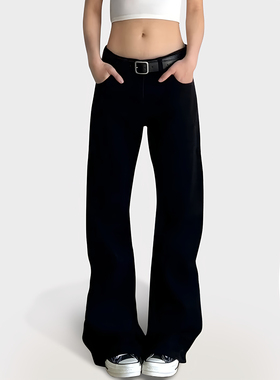 时尚潮青少年黑色柳叶弯刀牛仔裤子中腰vibe直筒窄版显瘦微喇裤子