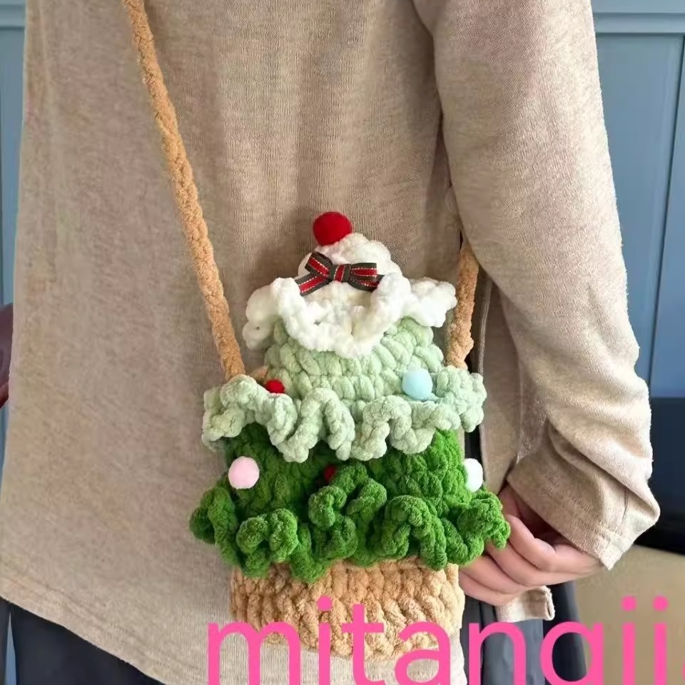 圣诞树包包粗毛线钩织diy材料