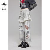 印花喷脏水洗百褶裙裤 BAK原创设计感牛仔裤 尘封折痕假两件数码 女