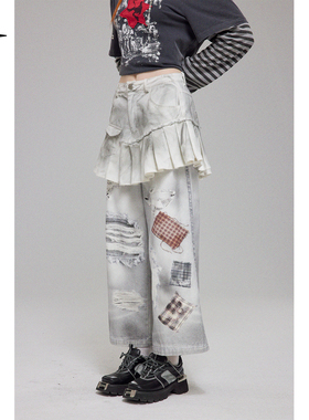 BAK原创设计 “尘封折痕”假两件数码印花喷脏水洗百褶裙裤女长裤