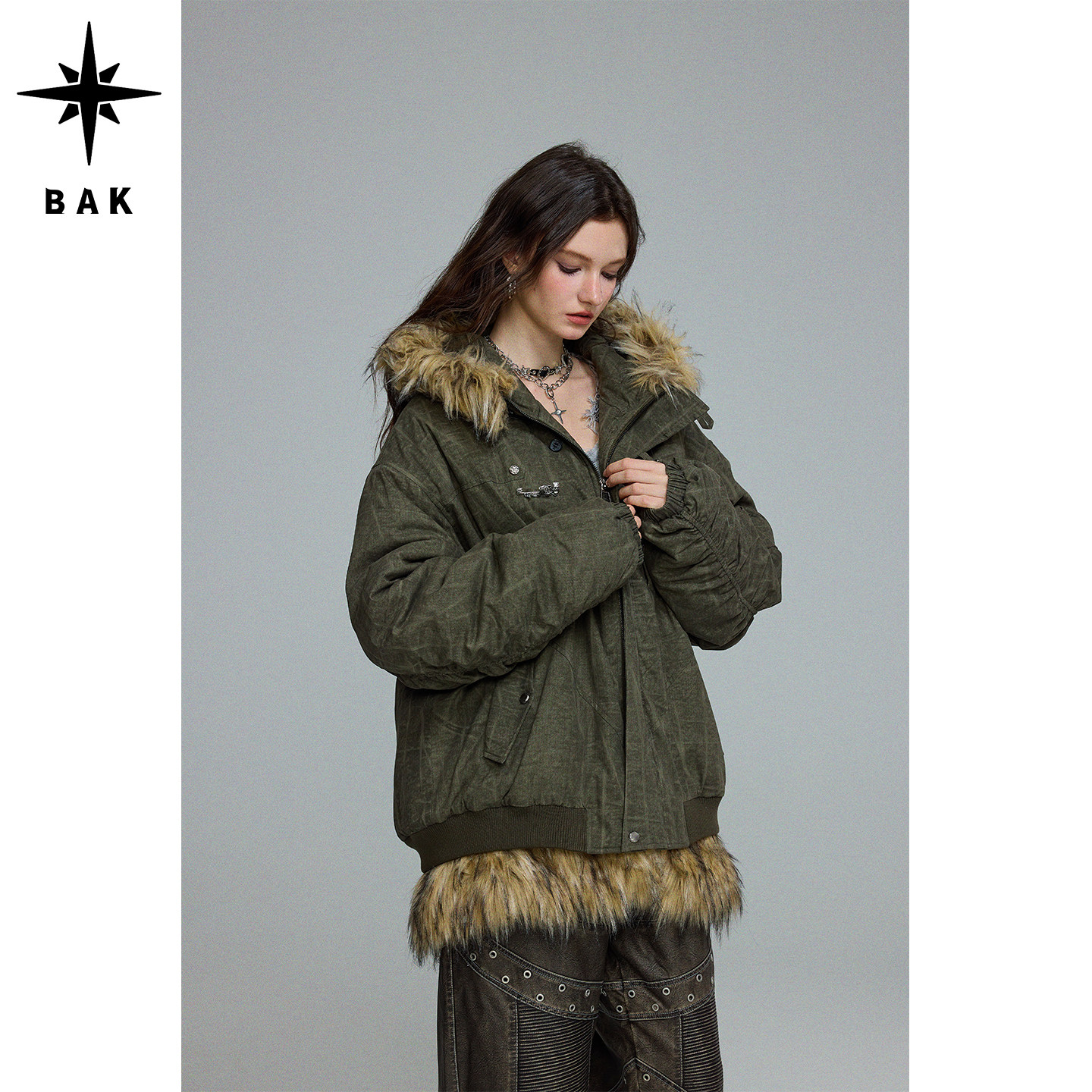 BAK「落叶堆」可拆卸毛条两穿复古做旧休闲宽松中长棉衣秋冬外套