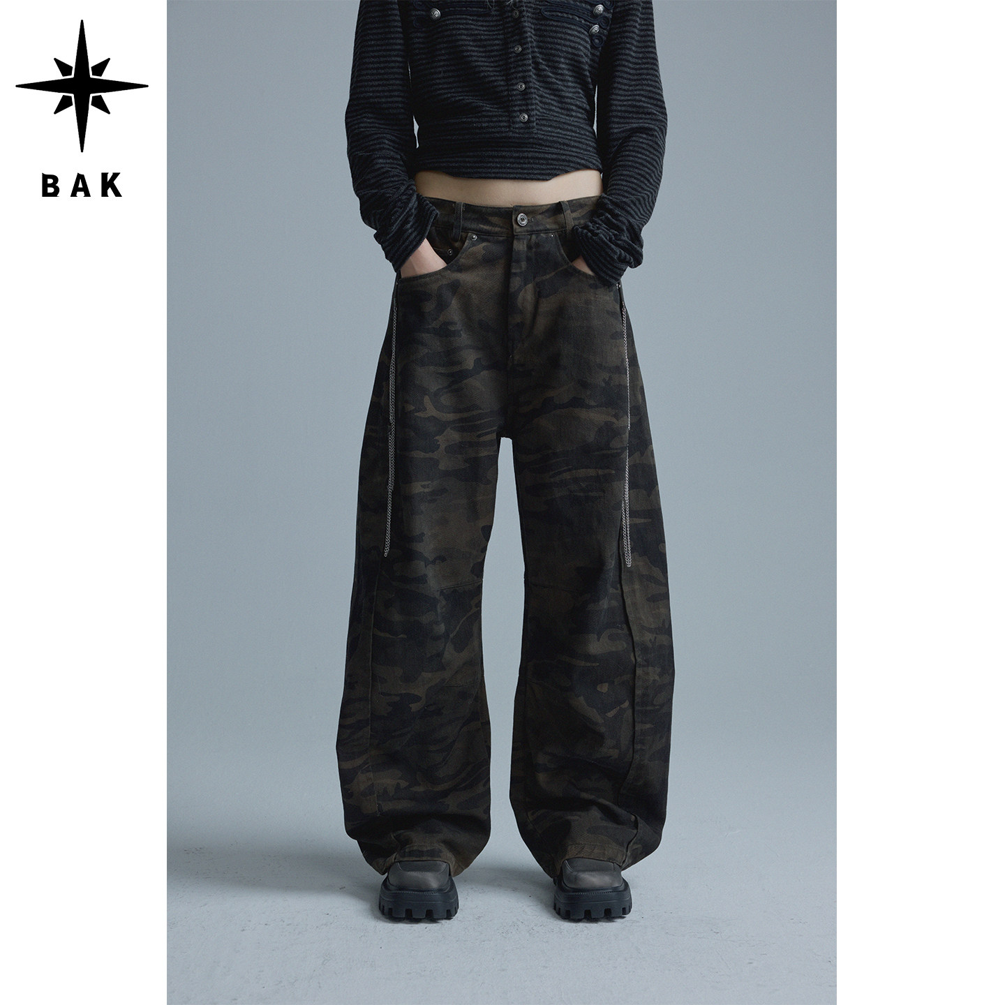 BAK迷彩做旧阔腿工装女裤