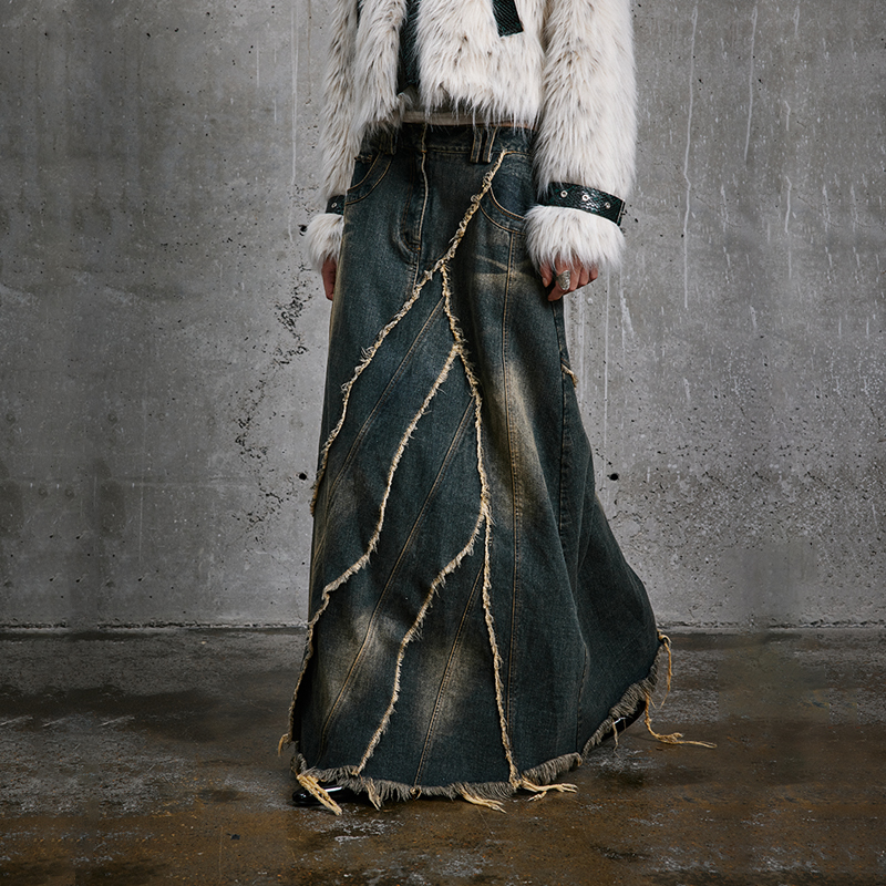 半身长裙毛边牛仔裙重工水洗