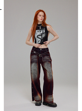 现货BAK原创  “达克罗曼风”水洗丝绒牛仔长裤休闲直筒加厚裤子