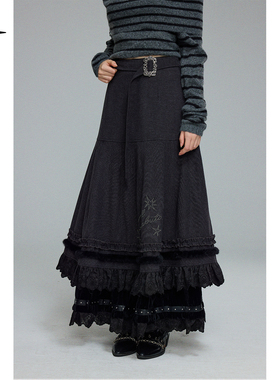 BAK「飘雪雾凇」重工假两件裙烫钻层次花边长裙秋冬百搭伞型半裙