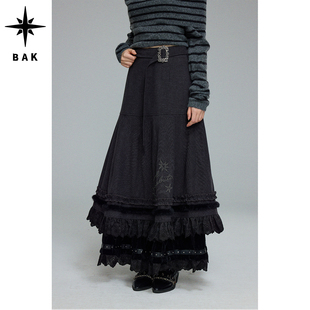 BAK「飘雪雾凇」重工假两件裙烫钻层次花边长裙秋冬百搭伞型半裙