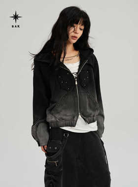 BAK原创短款连帽钉珠渐水洗渐变针织连帽外套女春秋新款开衫卫衣