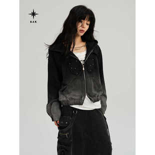 卫衣 开衫 BAK原创短款 连帽钉珠渐水洗渐变针织连帽外套女春秋新款