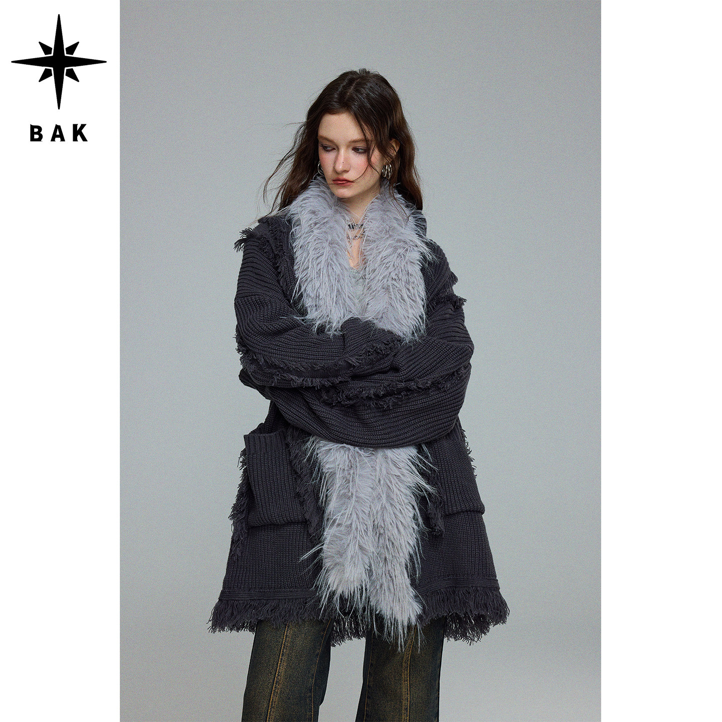 BAK原创「摇摆诗」撞色蓬松毛领休闲街头流苏毛衣中长秋冬外套