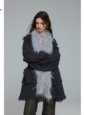 BAK原创「摇摆诗」撞色蓬松毛领休闲街头流苏毛衣中长秋冬外套