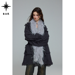 BAK原创「摇摆诗」撞色蓬松毛领休闲街头流苏毛衣中长秋冬外套