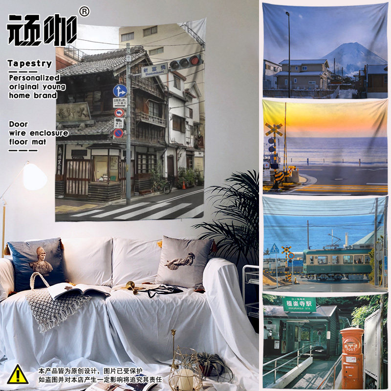 挂布背景布ins简约 日式复古街道镰仓风景插画客厅墙面挂布 潮流