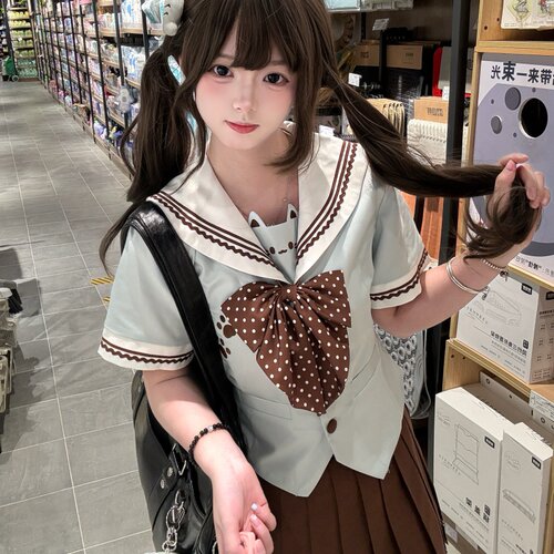 【青茶喵语】晶米猫原创jk制服夏天薄荷绿短袖款水手服棕色裙套装