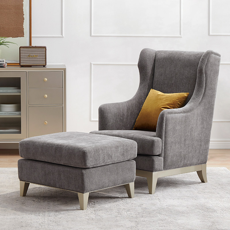 华美法罗美式复古布艺单人沙发带脚踏凳客厅高靠背实木轻奢老虎椅