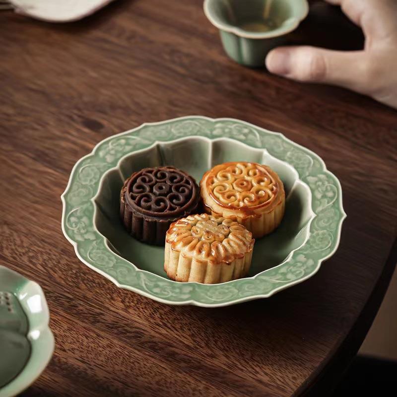 越窑青瓷器壶承茶盘中式复古手工茶壶托盘茶点盘果盘台干泡台