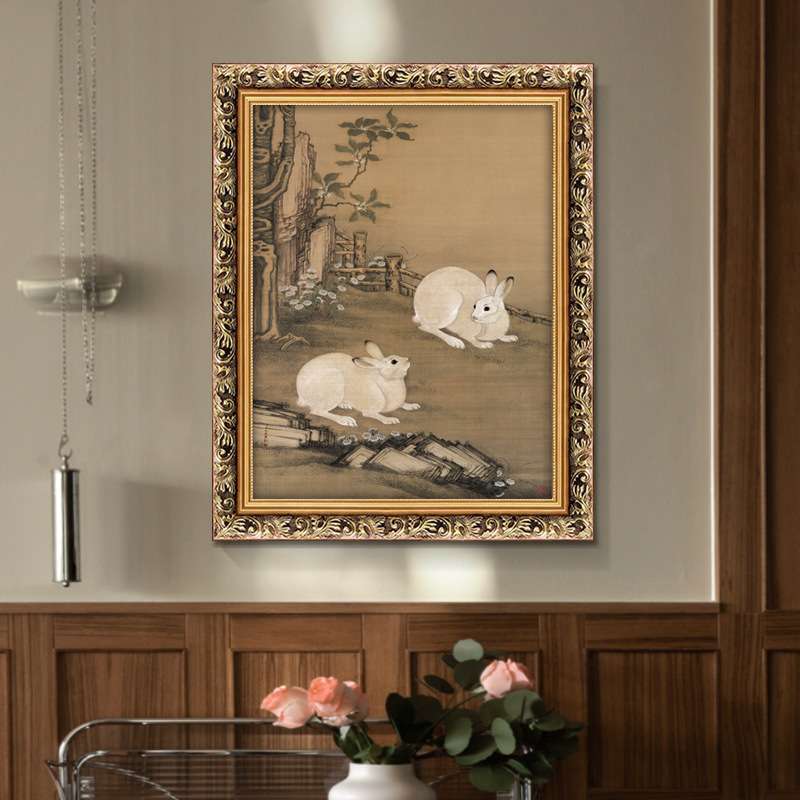 欧式复古梧桐双兔图客厅装饰画餐厅书房茶室挂画玄关油画动物壁画图片