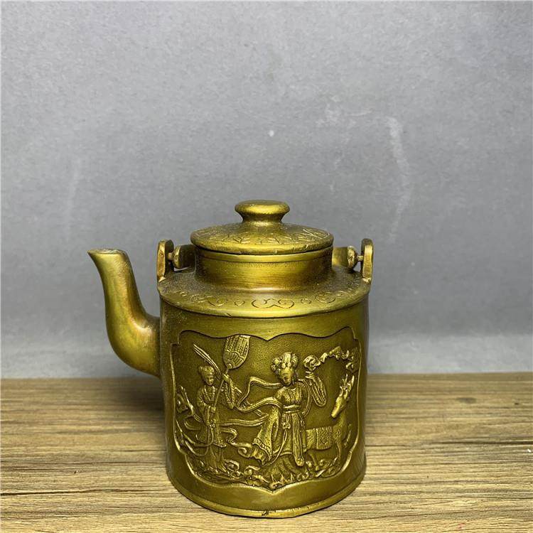 古玩古董铜器复古老式宫延铜壶麻姑献寿图纯铜提粱壶古玩收藏摆件
