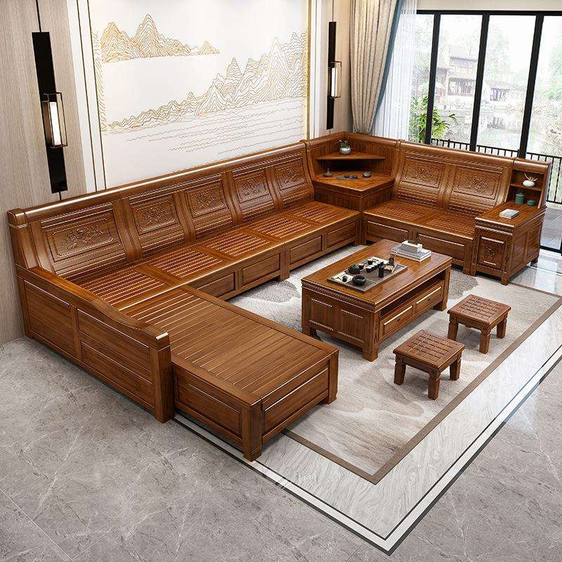 香樟木实木沙发组合中式仿古雕花客厅家具冬夏两用储物转角沙发