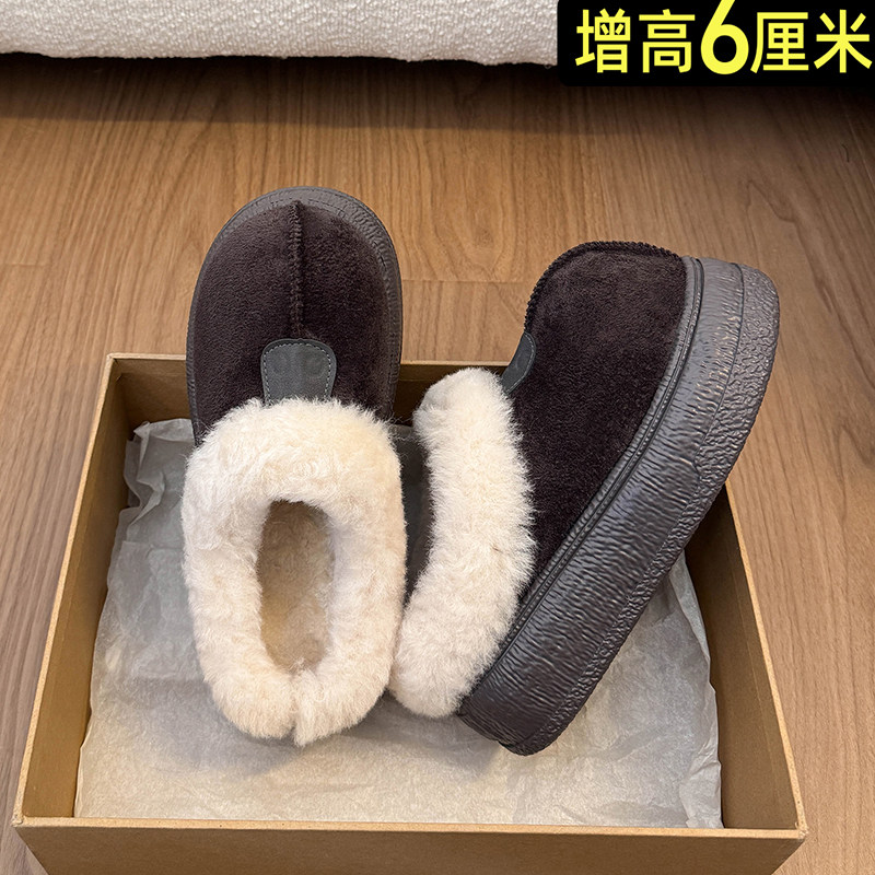 厚底增高5cm大头加绒勃肯鞋女加厚毛毛口包头半拖鞋保暖雪地棉鞋