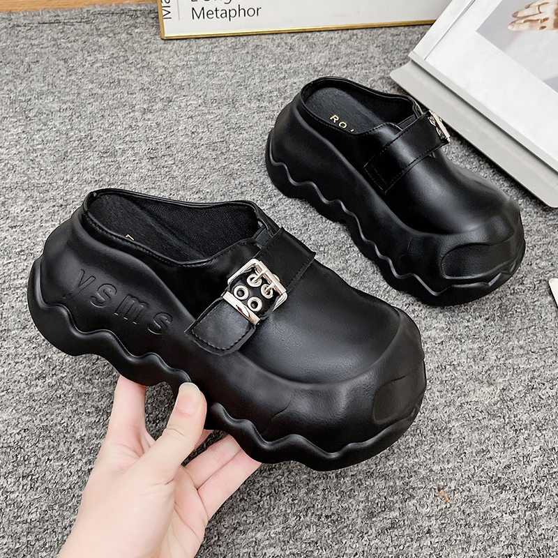 欧美风丑萌波浪厚底包头半拖鞋