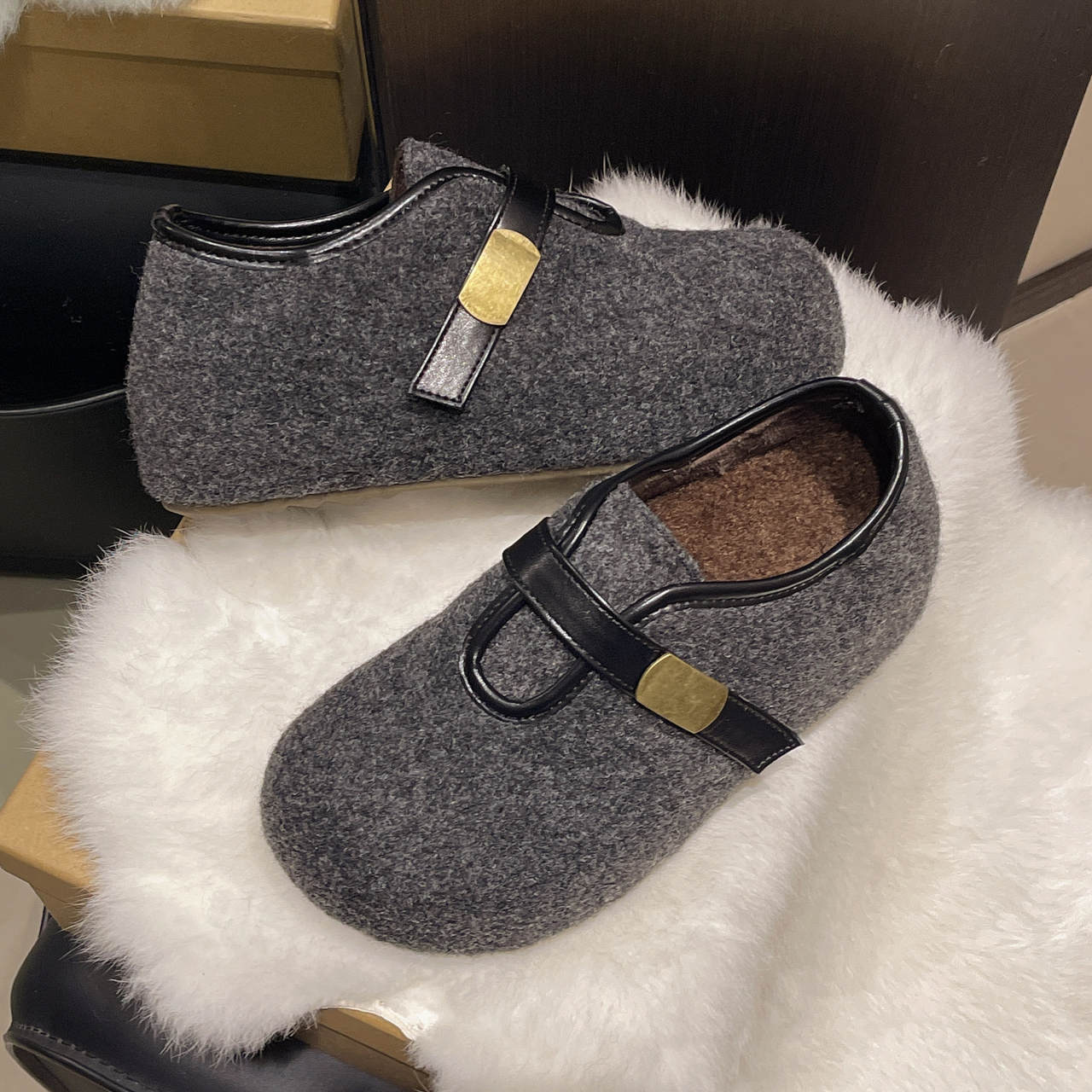 高级感灰色加绒单鞋保暖棉鞋