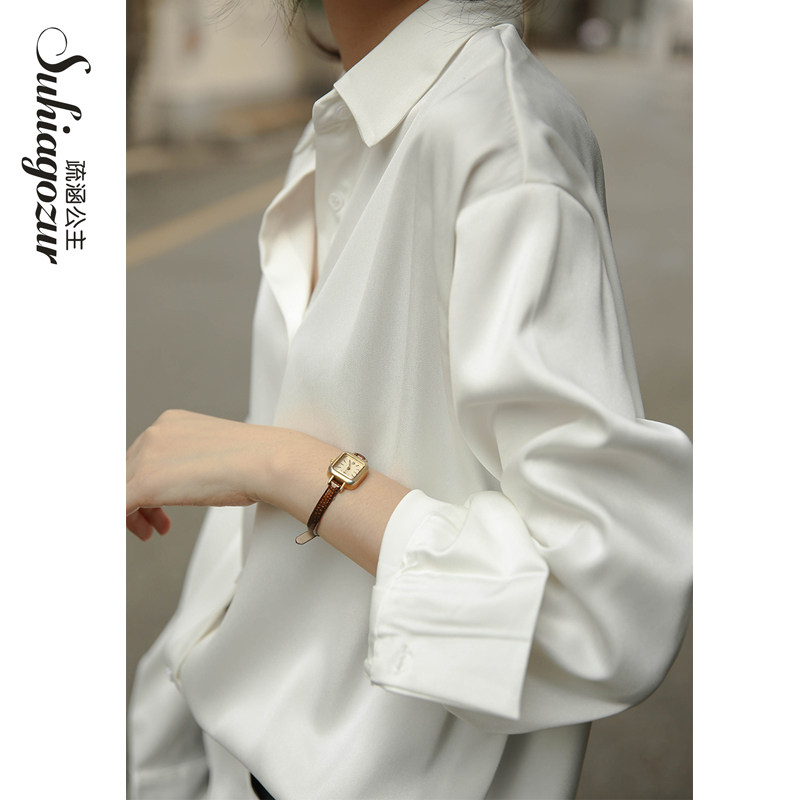 白色衬衫女设计感小众轻奢主义上衣垂感衬衣真丝缎面宽松韩版职业