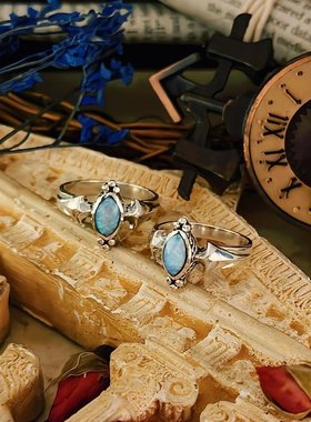 EBXBZ复古宫廷风银戒指女蓝宝石镶嵌开口戒指古董首饰