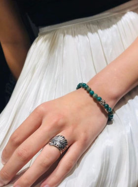 EBXBZ复古雕花银戒指女开口可调节绿松石手串休闲百搭指环
