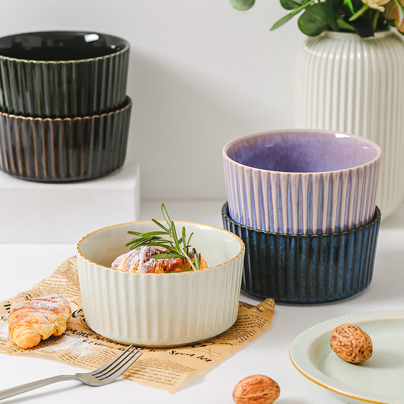 饭碗ins竖纹复古风釉下彩陶瓷