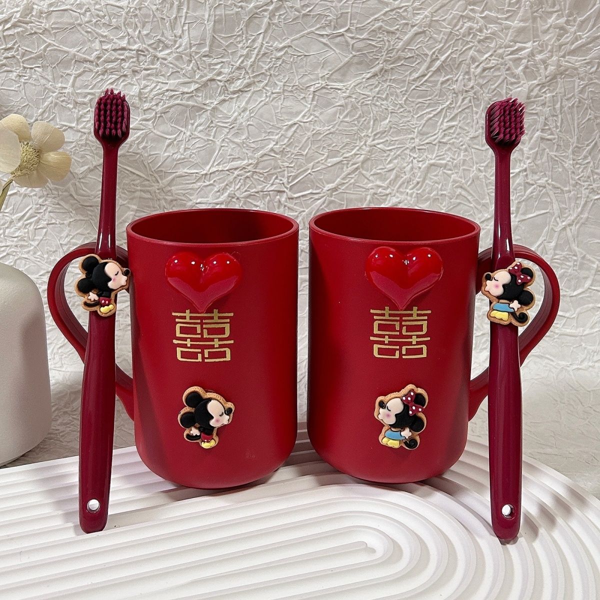 结婚牙刷杯子套装创意红色牙刷一对结婚可爱卡通新娘女方陪嫁高档