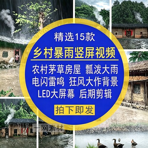 乡村暴雨竖屏视频农村茅草屋大雨闪电狂风后期背景自媒体剪辑素材