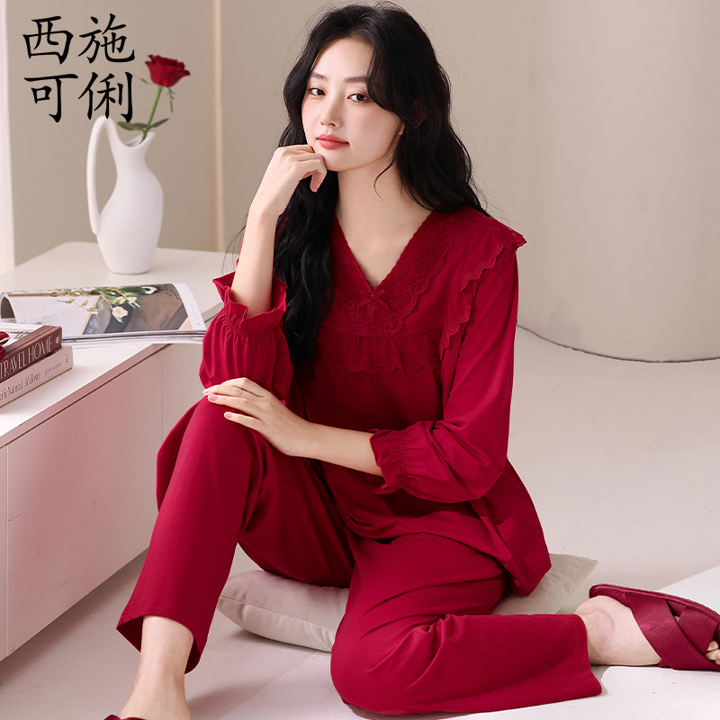 睡衣女纯棉长袖春秋款大红色大码秋季可外穿本命年喜庆套头家居服