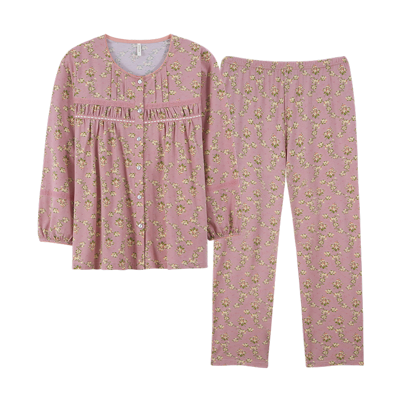 睡衣女春秋款长袖纯棉2025新款丝光棉碎花大码家居服妈妈高档套装